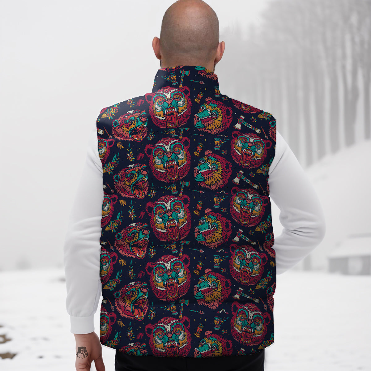 Grizz Bear Oldschool Tattoo Print Pattern Down Vest