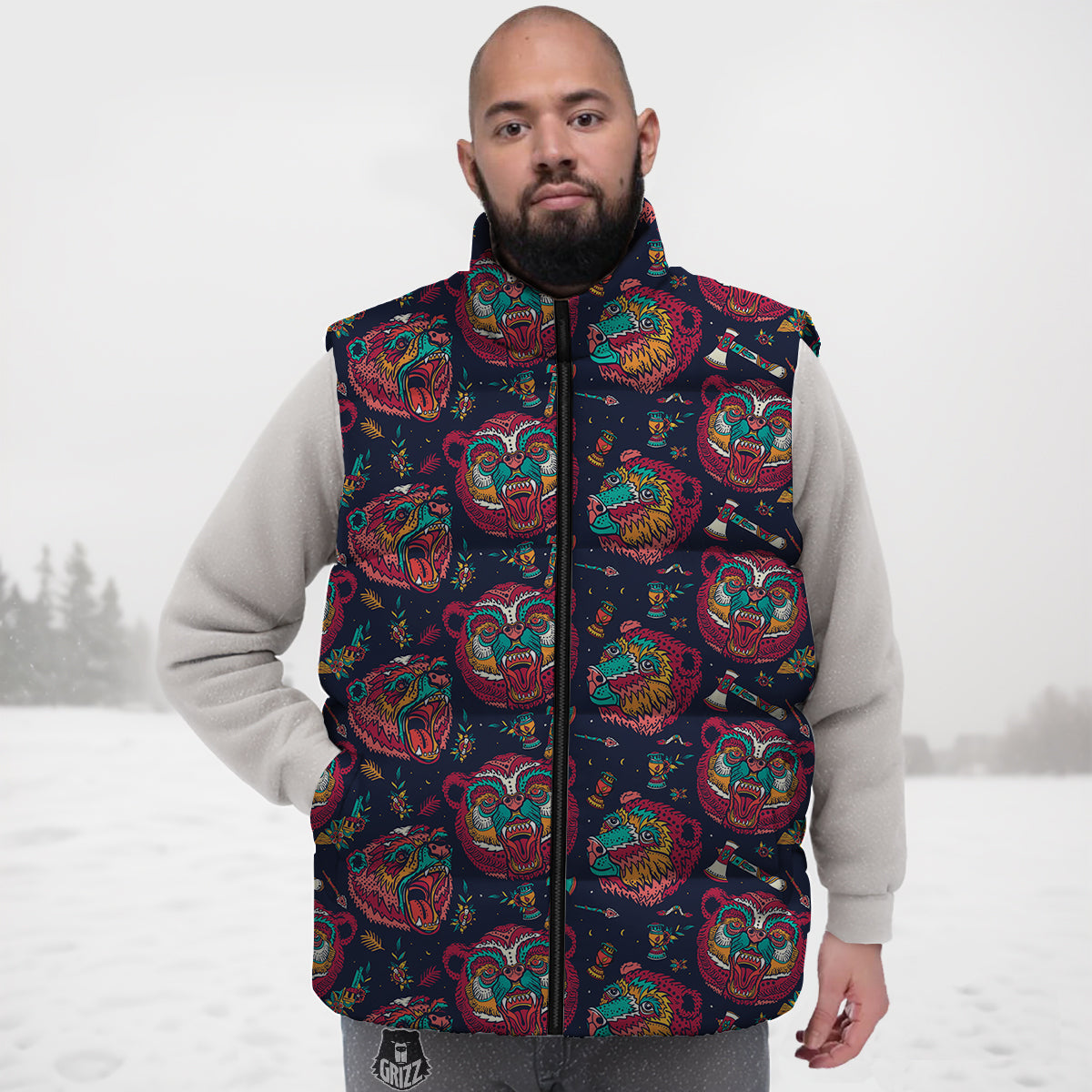 Grizz Bear Oldschool Tattoo Print Pattern Down Vest