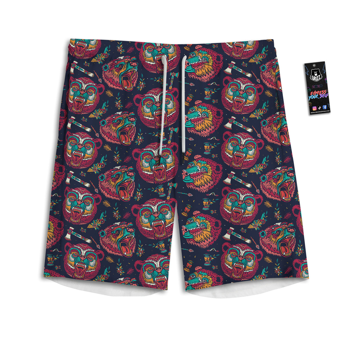 Grizz Bear Oldschool Tattoo Print Pattern Men's Athletic Shorts