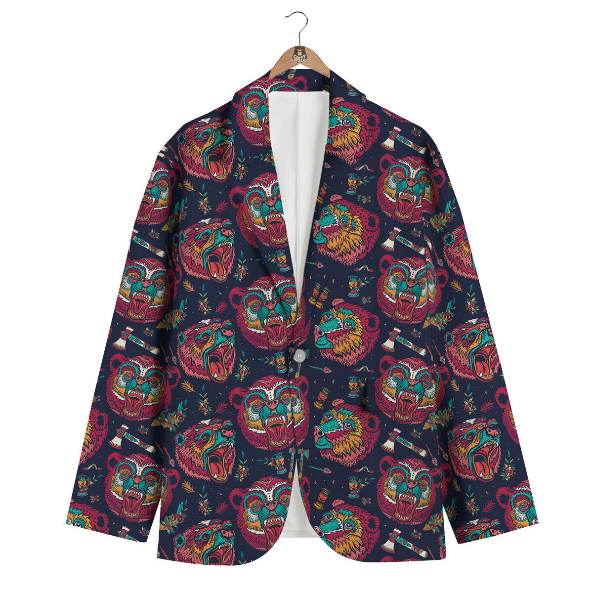 Grizz Bear Oldschool Tattoo Print Pattern Men's Blazer-grizzshop