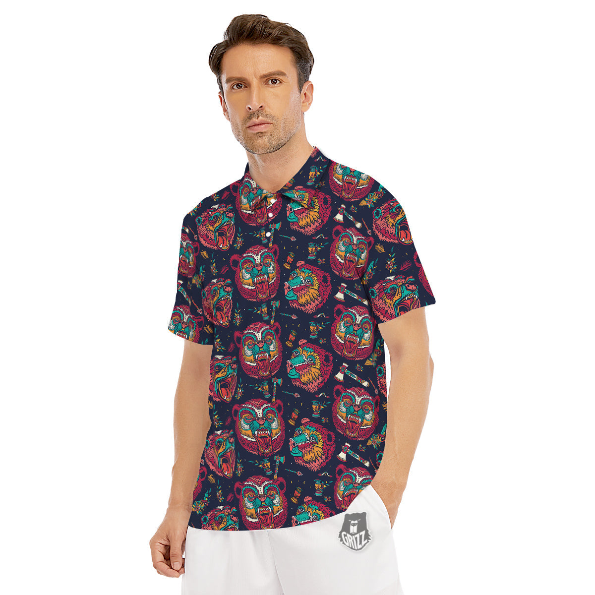 Grizz Bear Oldschool Tattoo Print Pattern Men's Golf Shirts-grizzshop