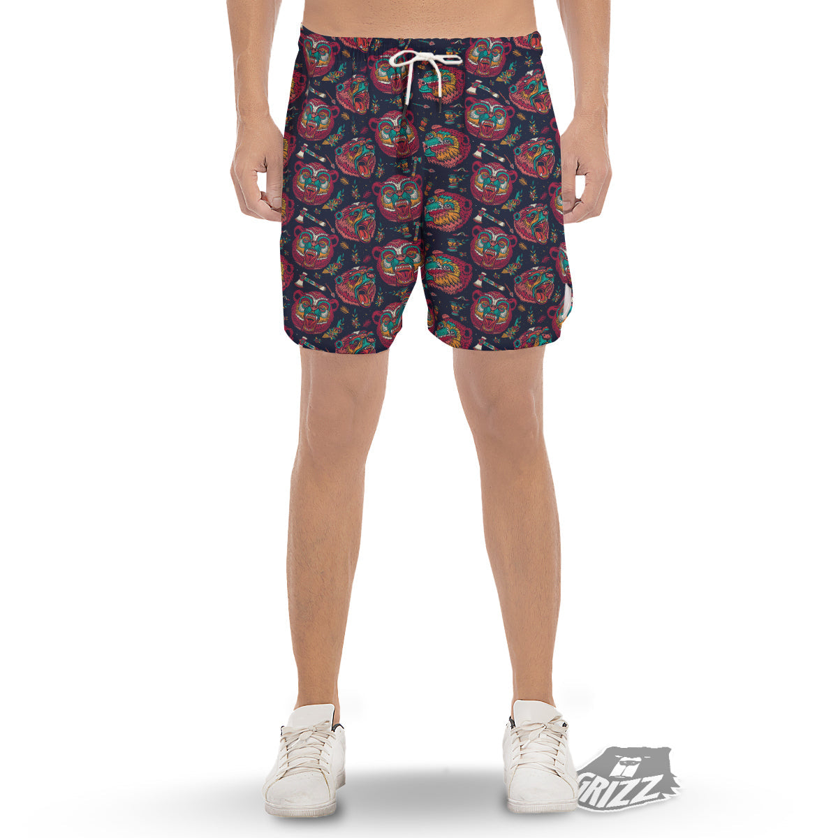 Grizz Bear Oldschool Tattoo Print Pattern Men's Gym Shorts-grizzshop