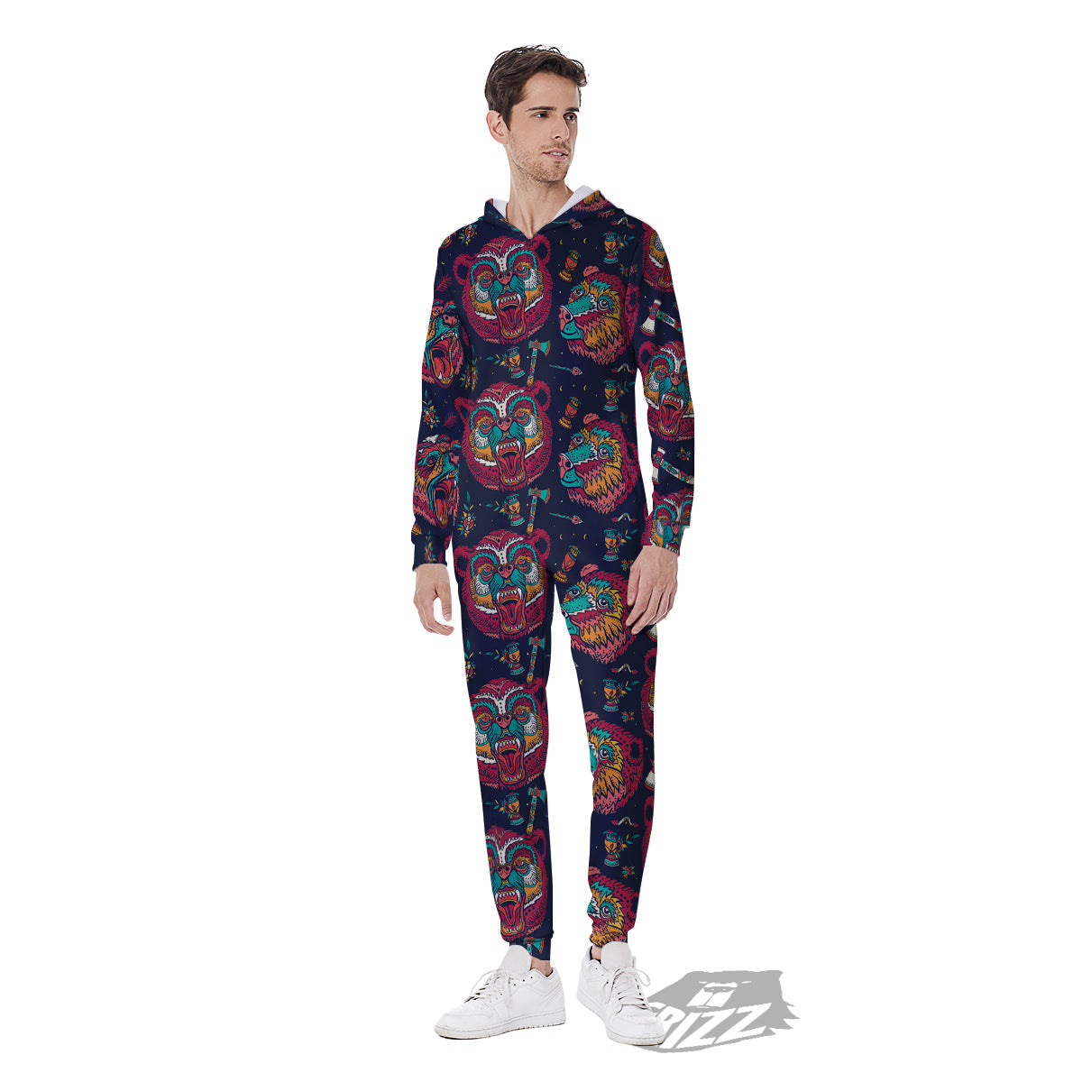 Grizz Bear Oldschool Tattoo Print Pattern Men's Jumpsuit-grizzshop