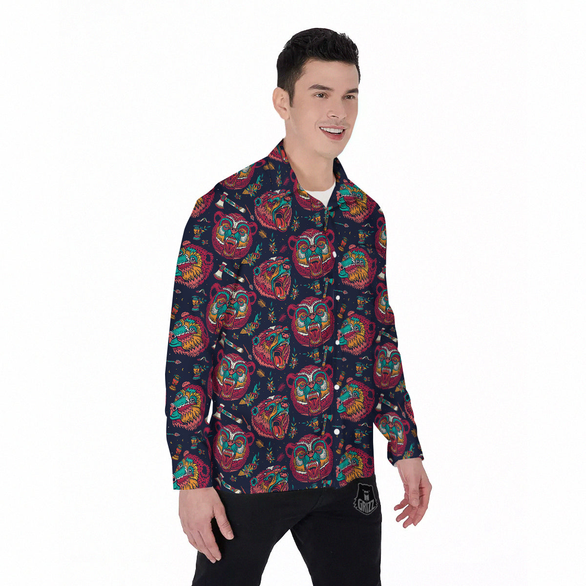 Grizz Bear Oldschool Tattoo Print Pattern Men's Long Sleeve Shirts-grizzshop