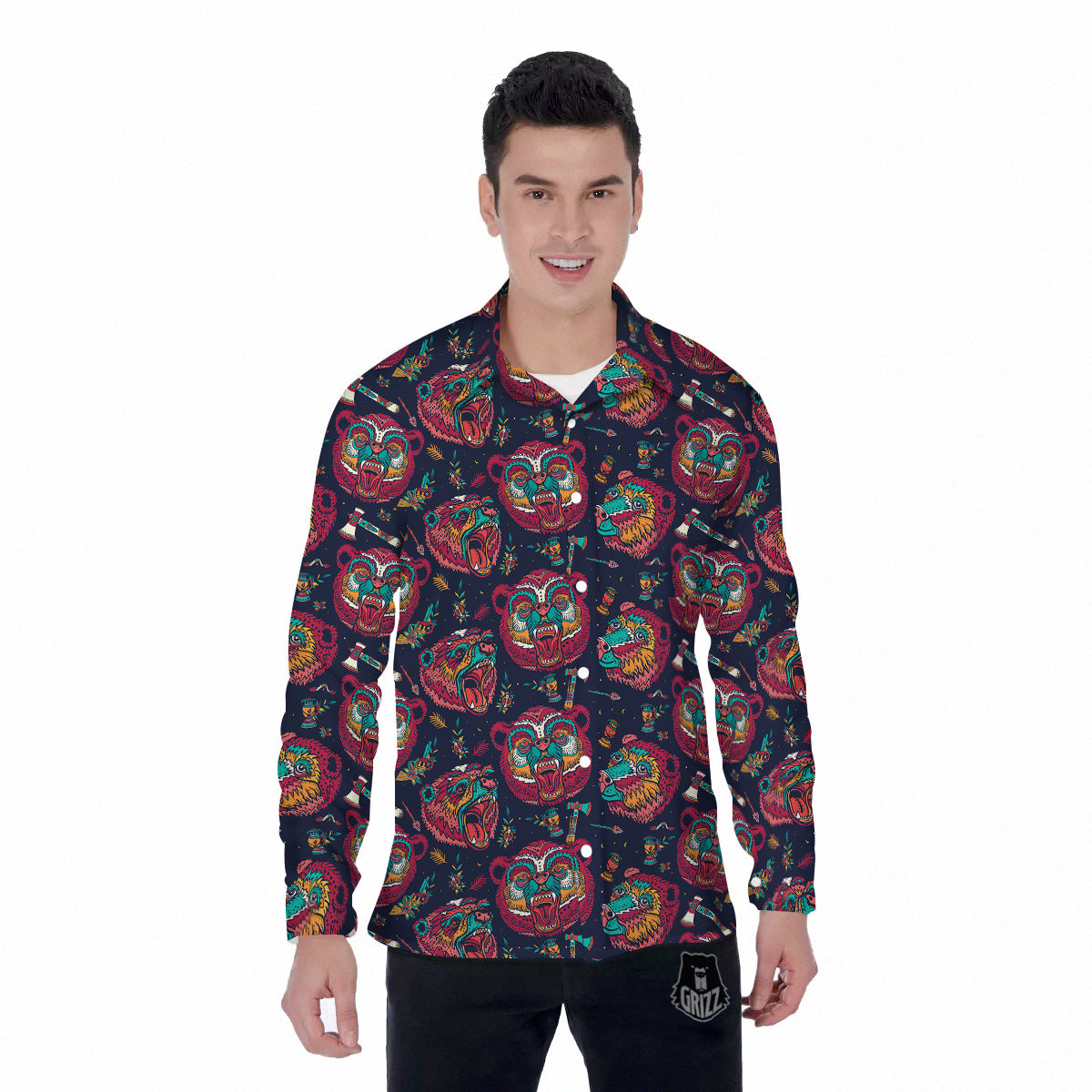 Grizz Bear Oldschool Tattoo Print Pattern Men's Long Sleeve Shirts-grizzshop