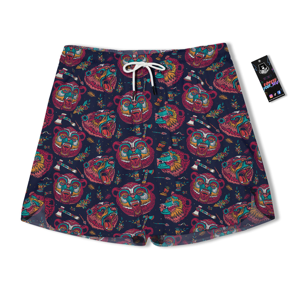 Grizz Bear Oldschool Tattoo Print Pattern Men's Running Shorts-grizzshop