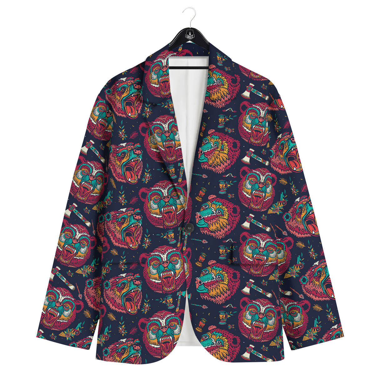 Grizz Bear Oldschool Tattoo Print Pattern Men's Sport Coat-grizzshop