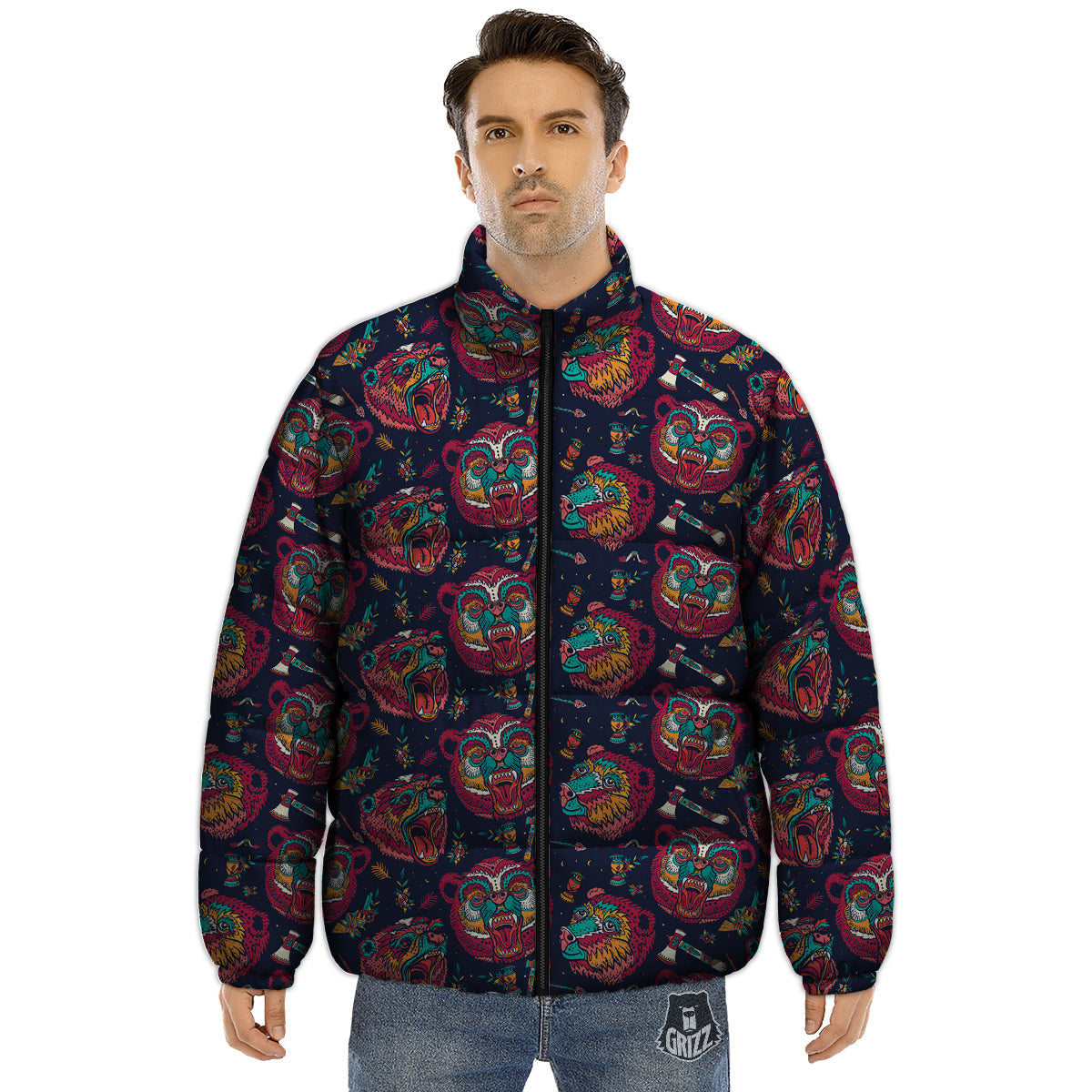 Grizz Bear Oldschool Tattoo Print Pattern Puffer Jacket-grizzshop