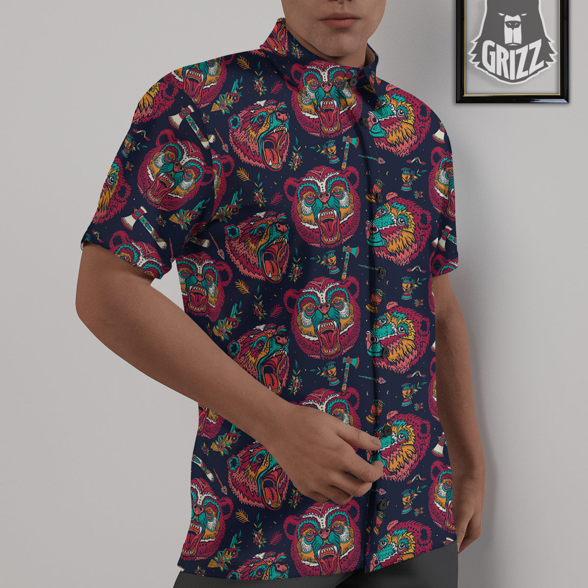 Grizz Bear Oldschool Tattoo Print Pattern Untucked Shirts-grizzshop