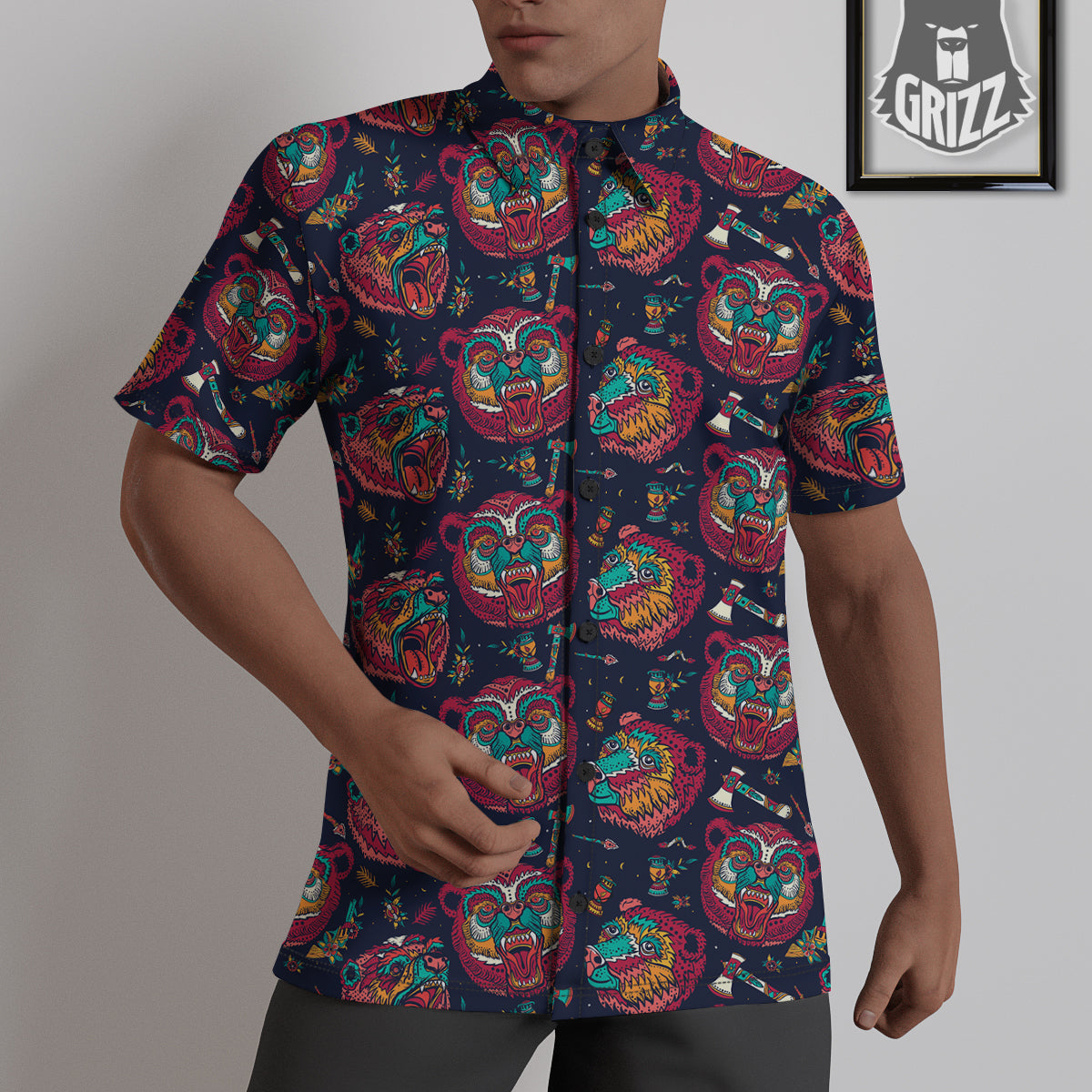 Grizz Bear Oldschool Tattoo Print Pattern Untucked Shirts-grizzshop
