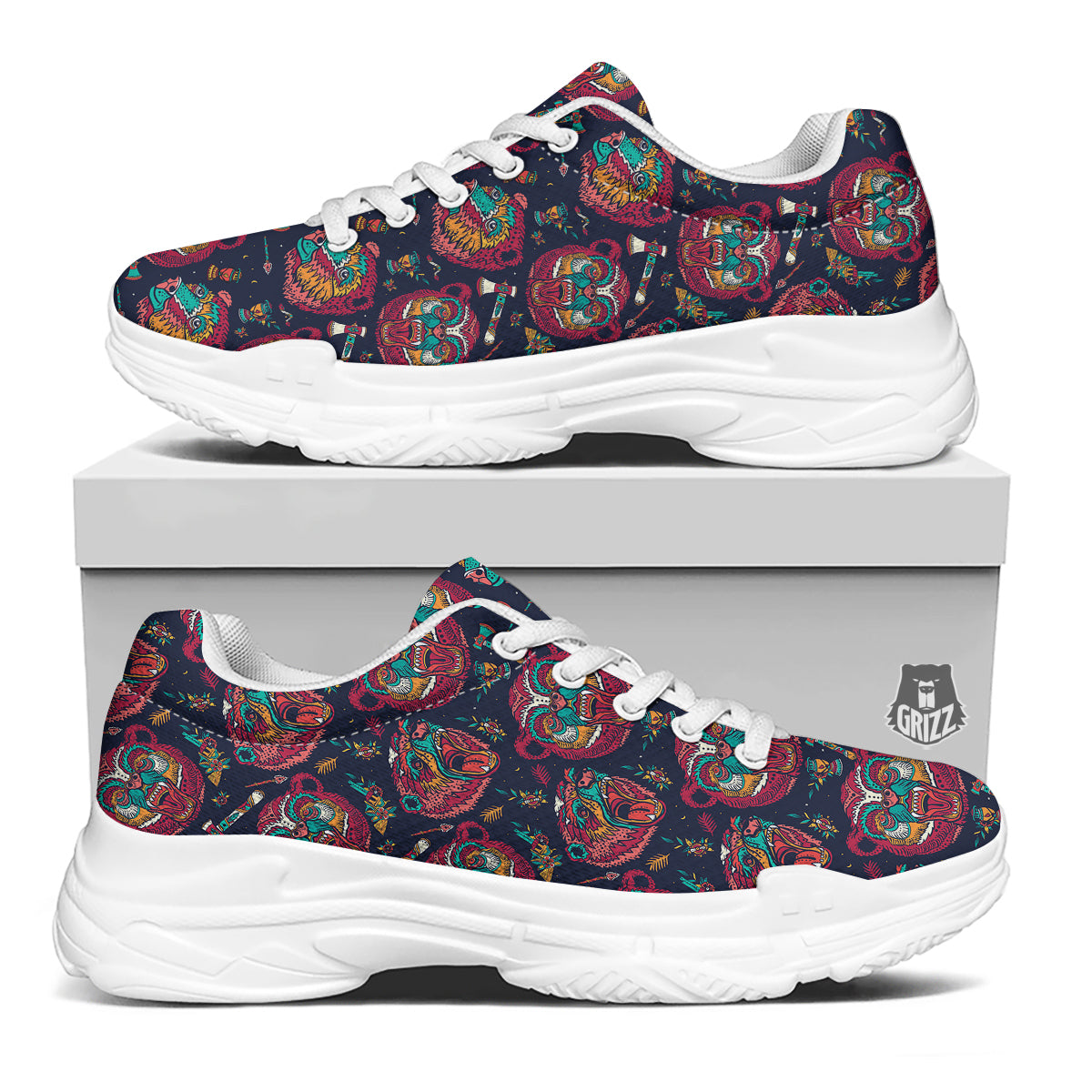 Grizz Bear Oldschool Tattoo Print Pattern White Chunky Shoes-grizzshop