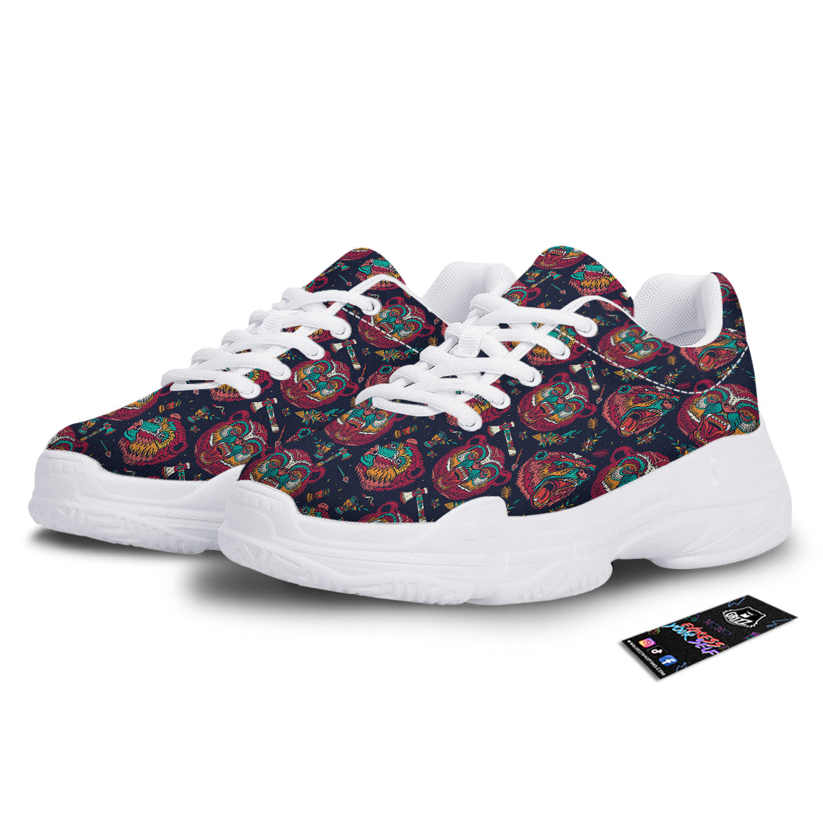 Grizz Bear Oldschool Tattoo Print Pattern White Chunky Shoes-grizzshop