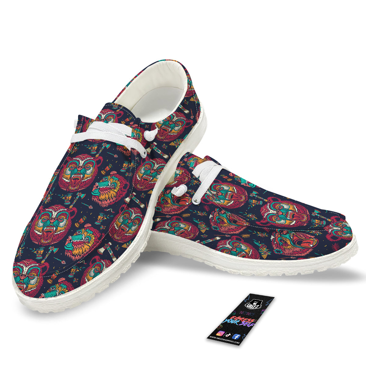 Grizz Bear Oldschool Tattoo Print Pattern White Loafers-grizzshop