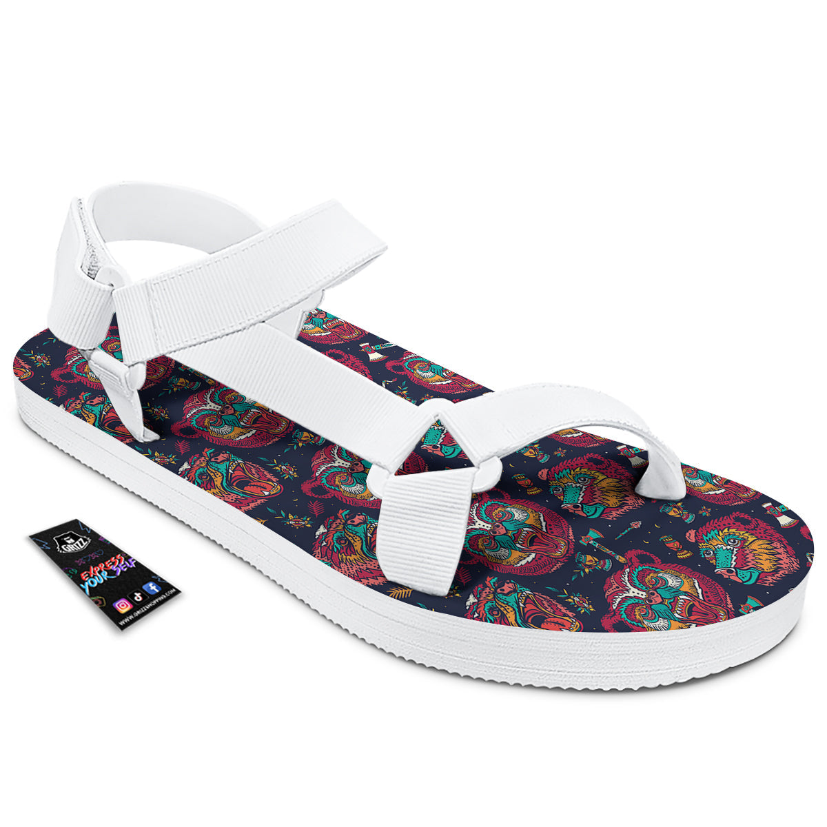 Grizz Bear Oldschool Tattoo Print Pattern White Open Toe Sandals-grizzshop