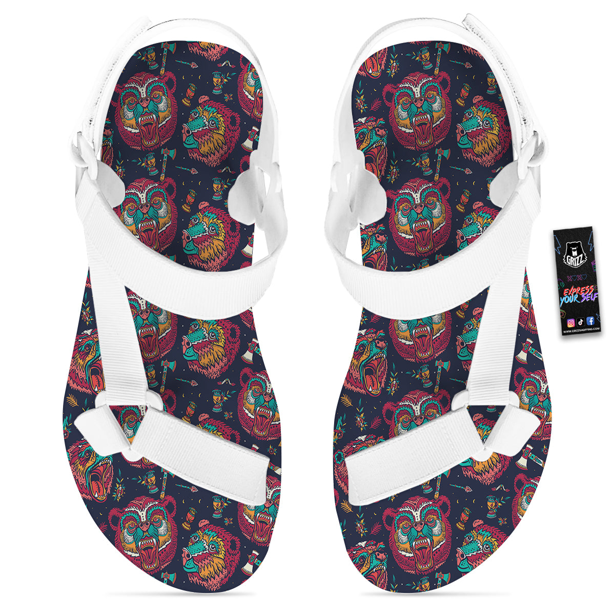 Grizz Bear Oldschool Tattoo Print Pattern White Open Toe Sandals-grizzshop