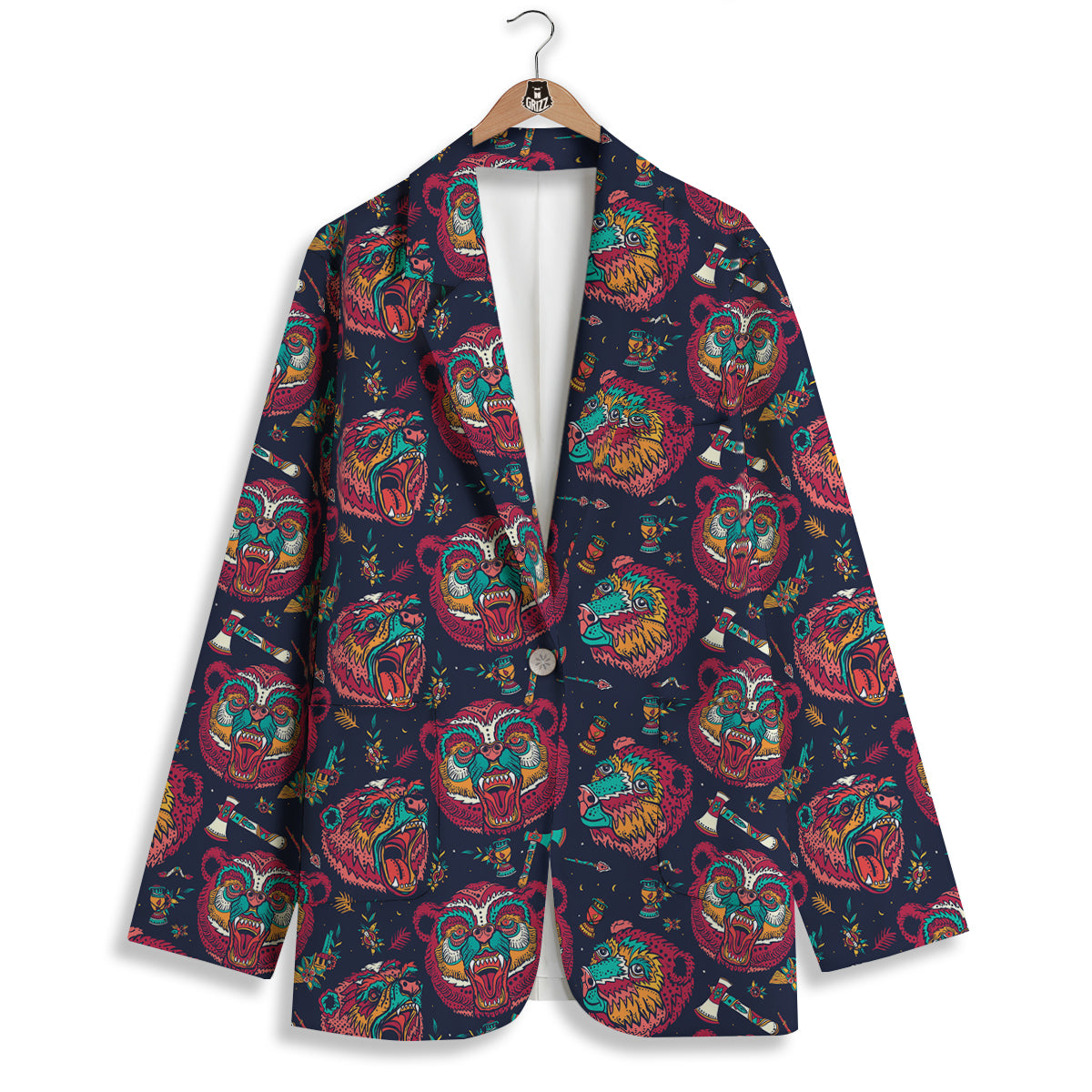 Grizz Bear Oldschool Tattoo Print Pattern Women's Blazer-grizzshop