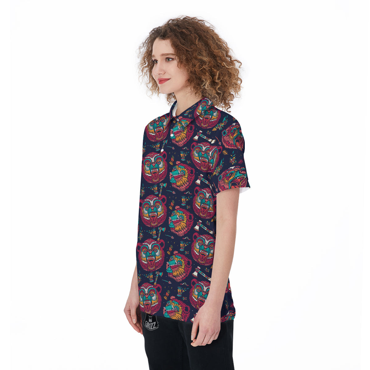 Grizz Bear Oldschool Tattoo Print Pattern Women's Golf Shirts-grizzshop