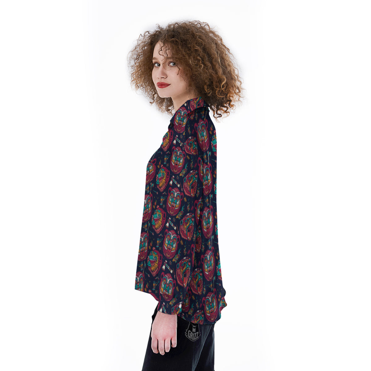 Grizz Bear Oldschool Tattoo Print Pattern Women's Long Sleeve Shirts-grizzshop