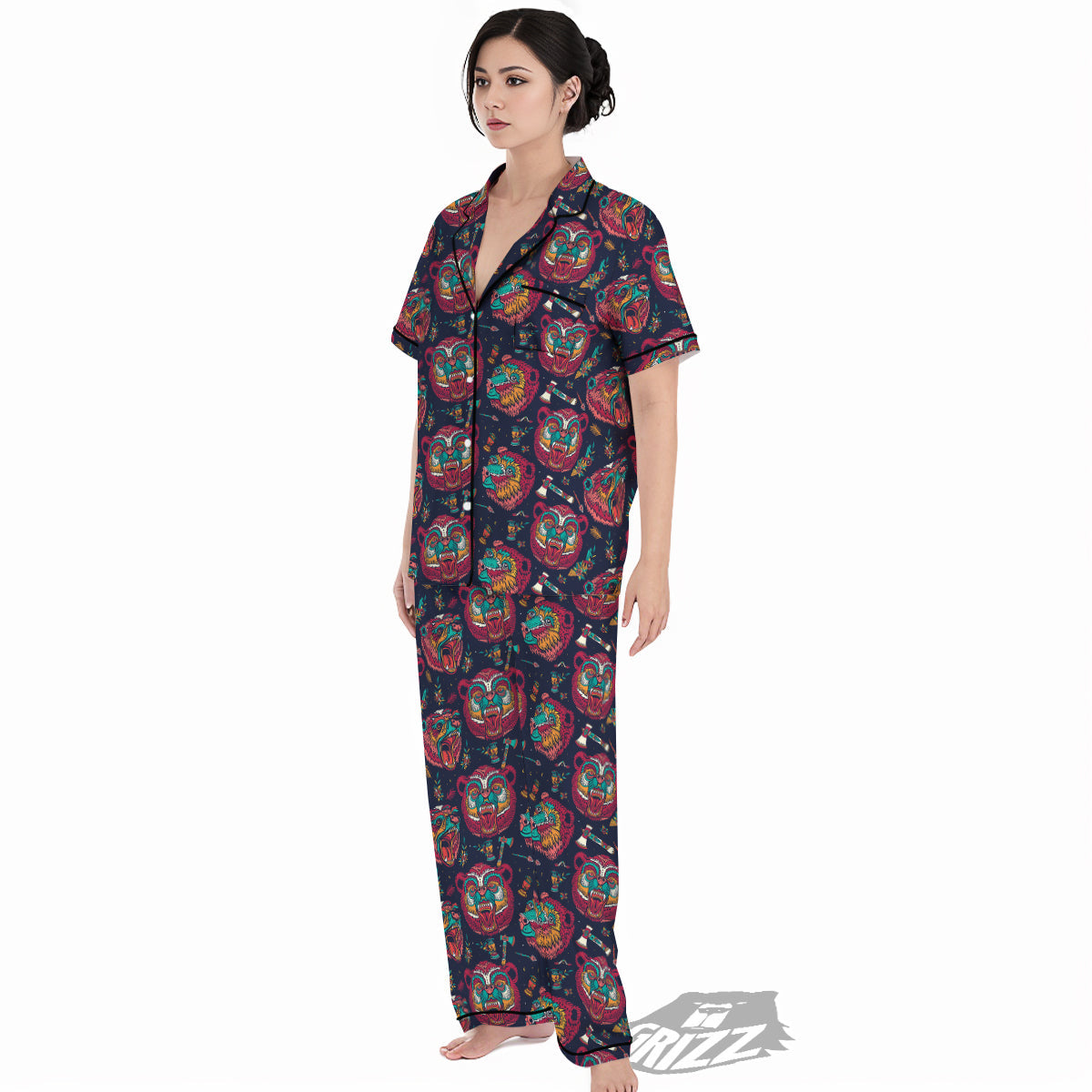 Grizz Bear Oldschool Tattoo Print Pattern Women's Pajamas Set-grizzshop