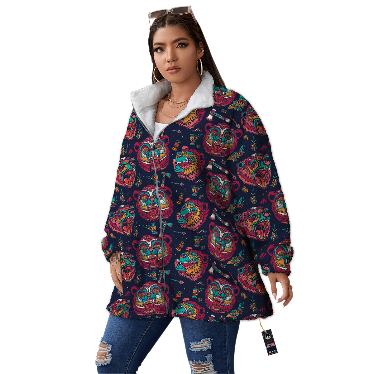 Grizz Bear Oldschool Tattoo Print Pattern Women's Sherpa Jacket-grizzshop