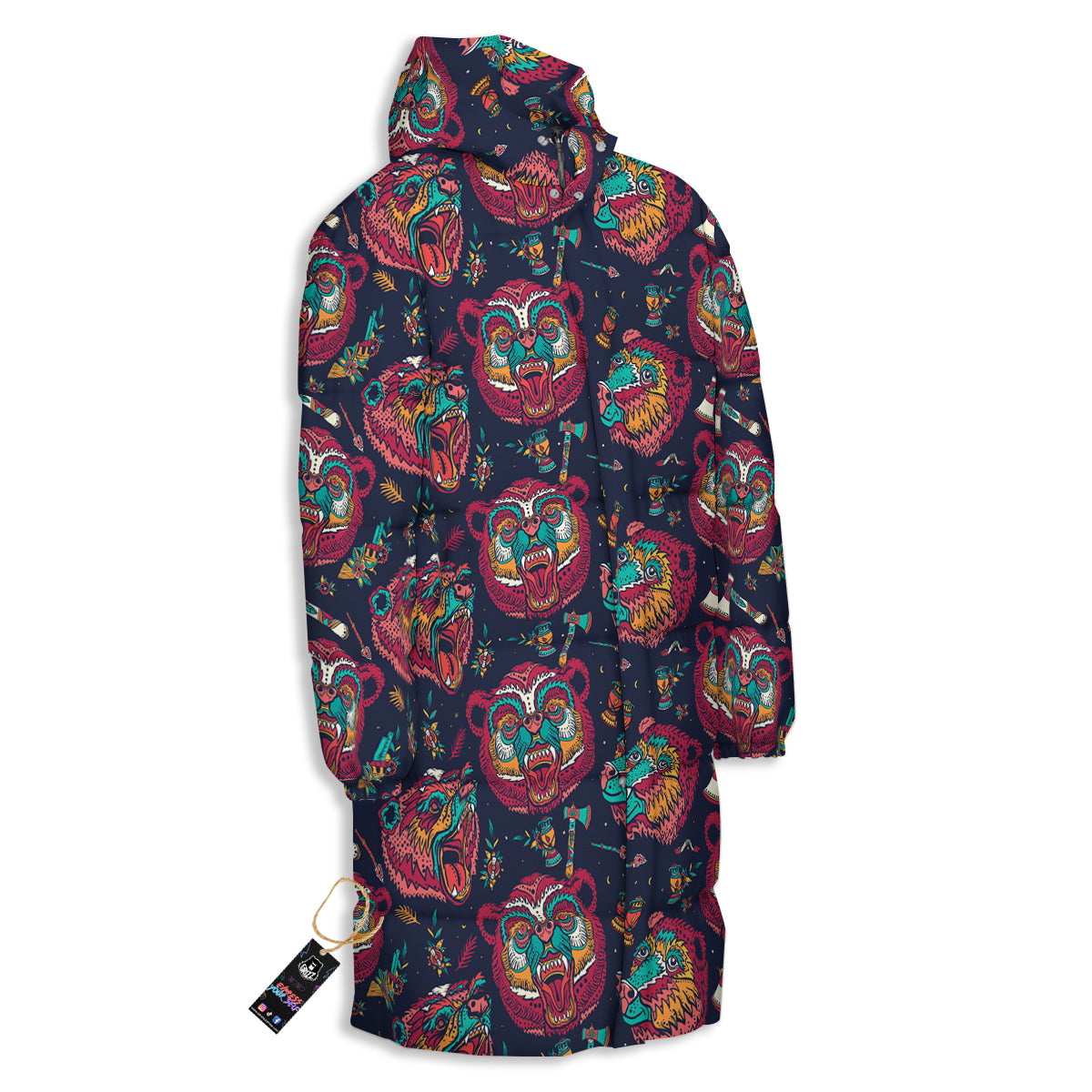Grizz Bear Oldschool Tattoo Print Pattern Long Down Jacket