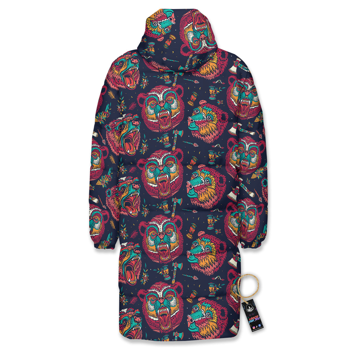 Grizz Bear Oldschool Tattoo Print Pattern Long Down Jacket