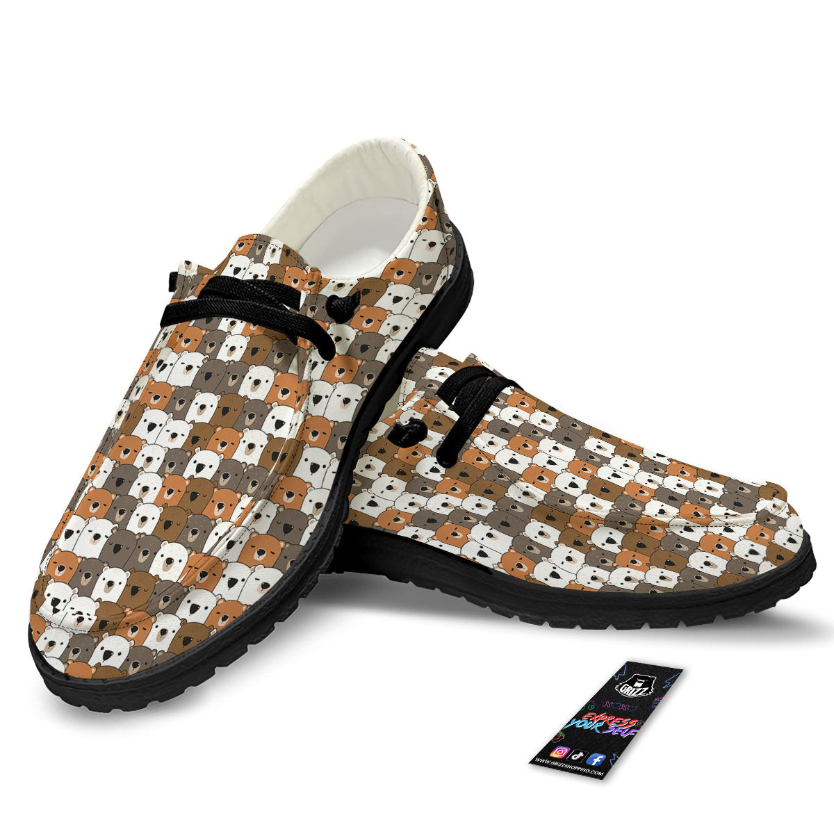 Grizzly Bear Cute Baby Print Pattern Black Loafers-grizzshop