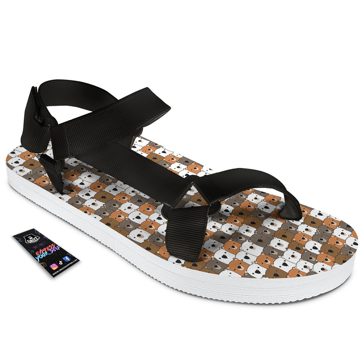 Grizzly Bear Cute Baby Print Pattern Black Open Toe Sandals-grizzshop