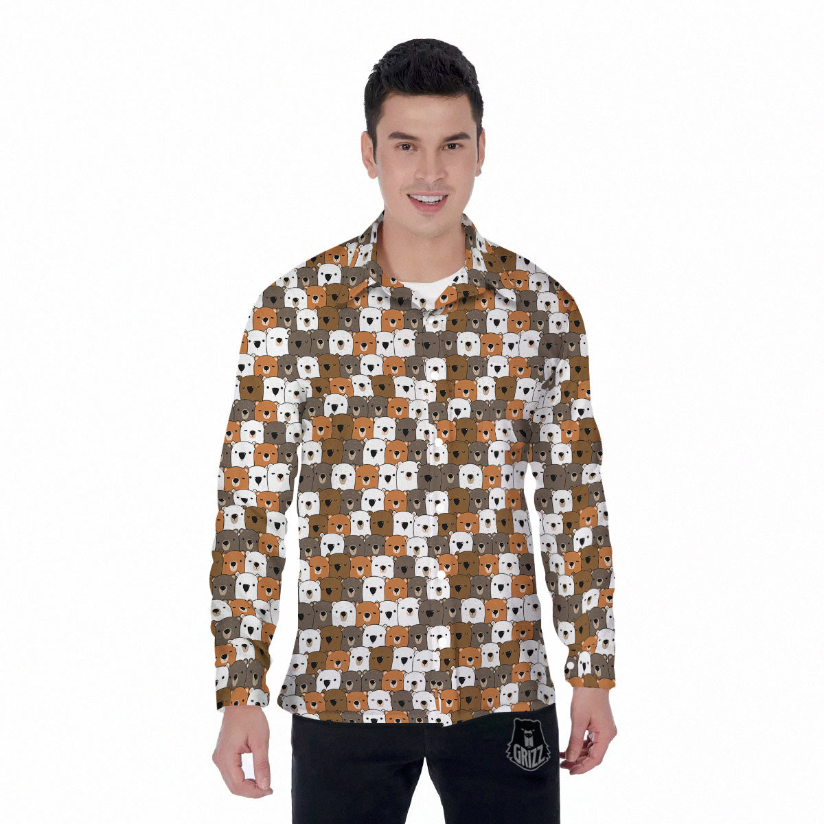 Grizzly Bear Cute Baby Print Pattern Men's Long Sleeve Shirts-grizzshop