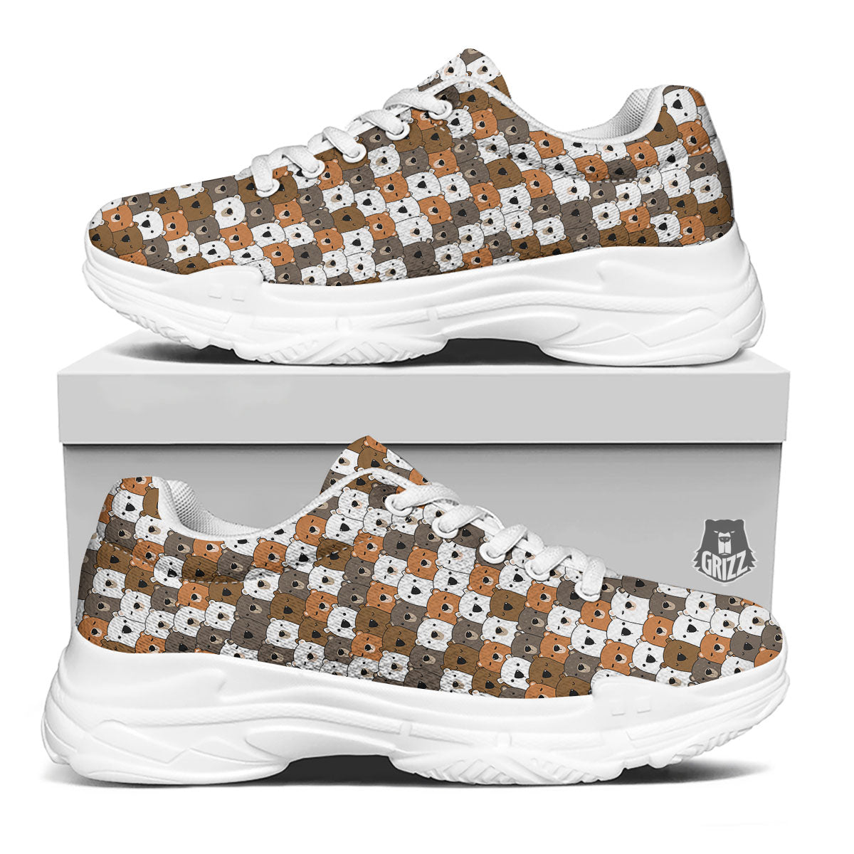 Grizzly Bear Cute Baby Print Pattern White Chunky Shoes-grizzshop