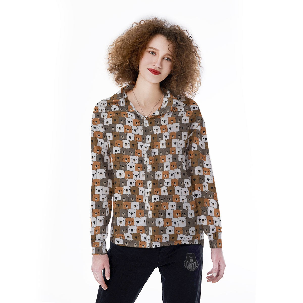 Grizzly Bear Cute Baby Print Pattern Women's Long Sleeve Shirts-grizzshop