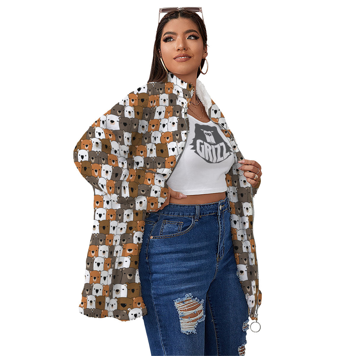 Grizzly Bear Cute Baby Print Pattern Women's Sherpa Jacket-grizzshop