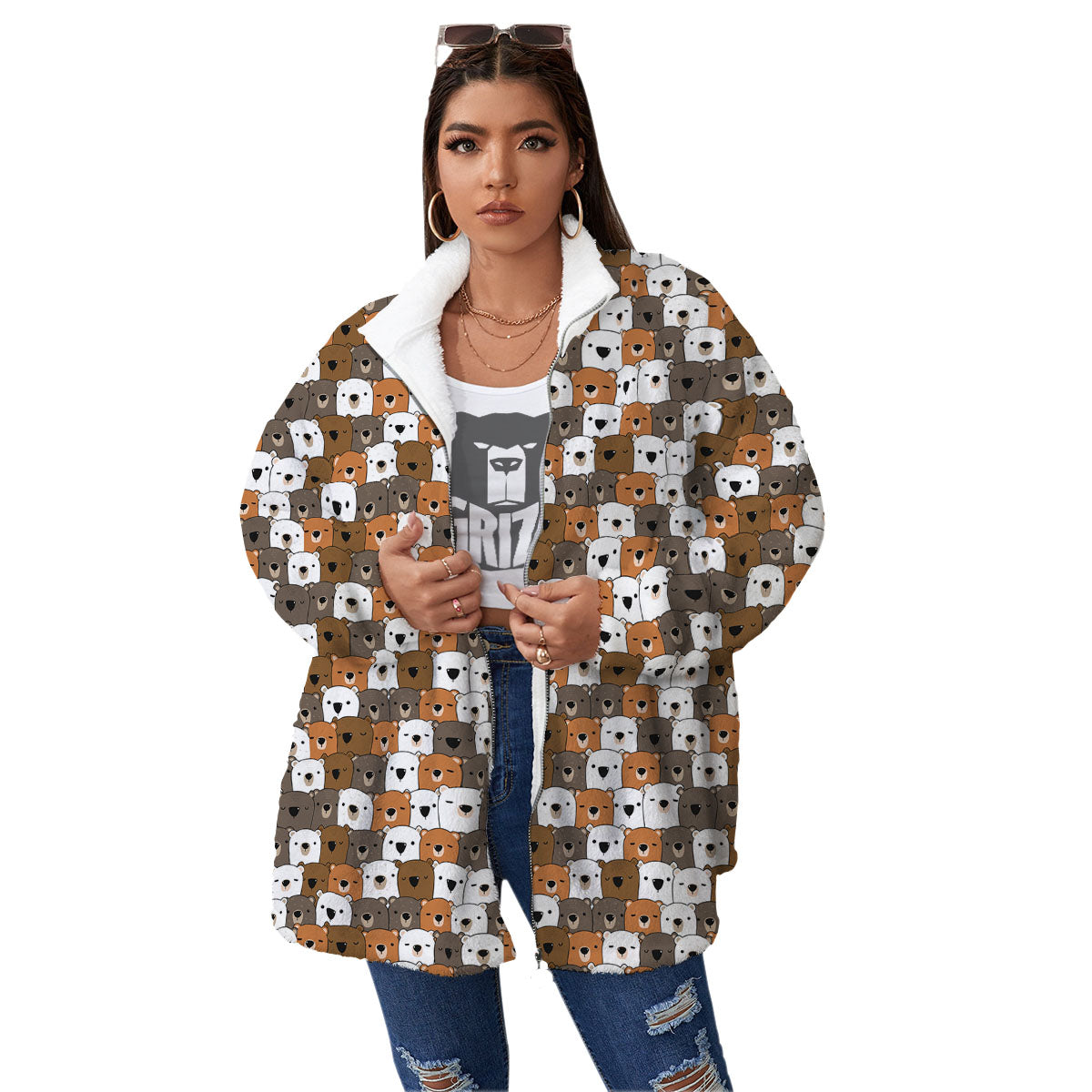 Grizzly Bear Cute Baby Print Pattern Women's Sherpa Jacket-grizzshop
