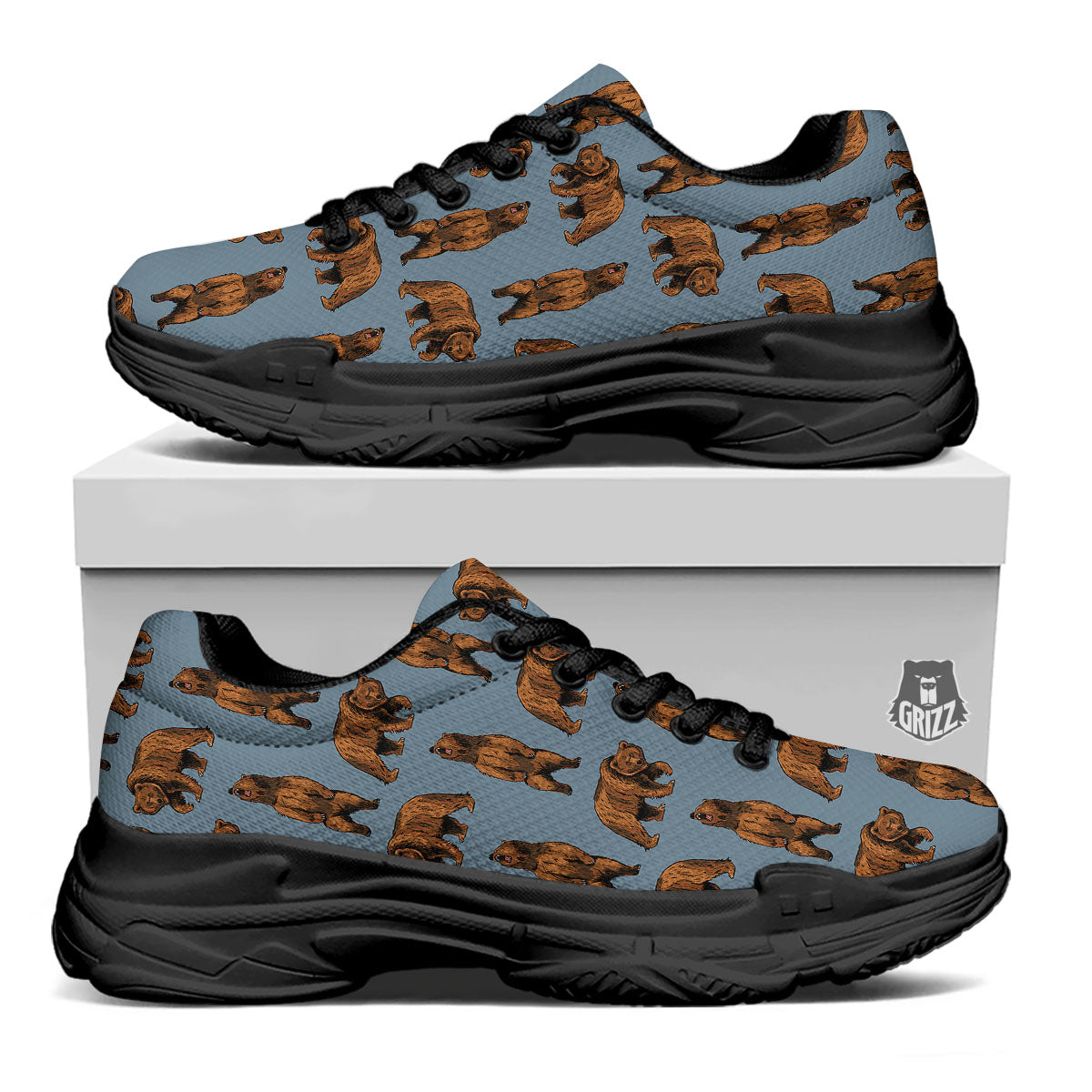 Grizzly Bear Print Pattern Black Chunky Shoes-grizzshop