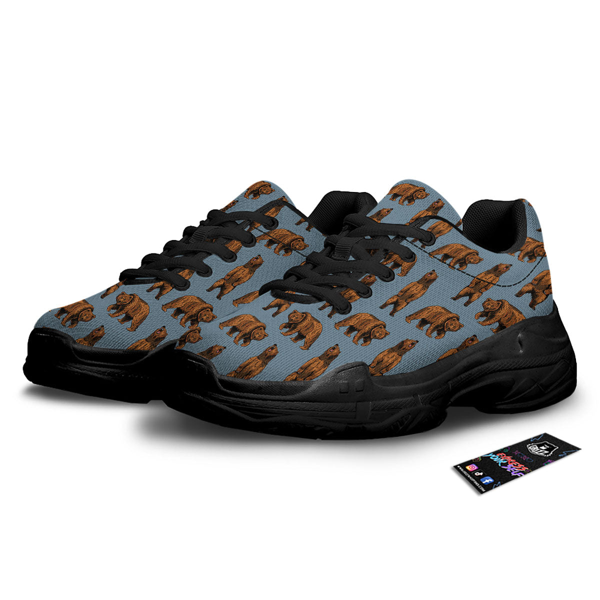 Grizzly Bear Print Pattern Black Chunky Shoes-grizzshop