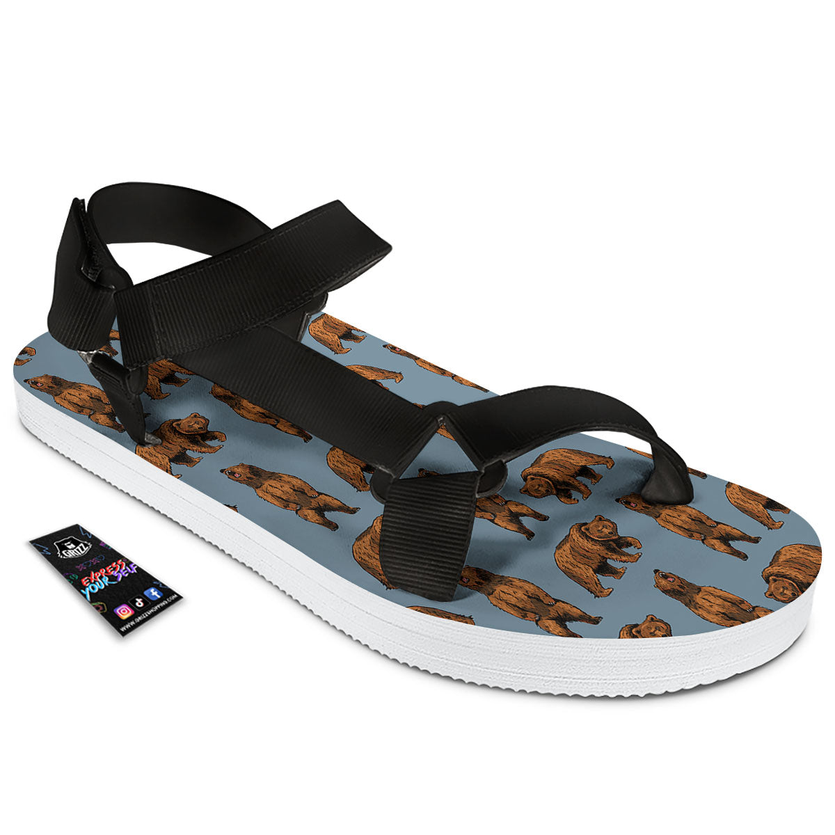 Grizzly Bear Print Pattern Black Open Toe Sandals-grizzshop