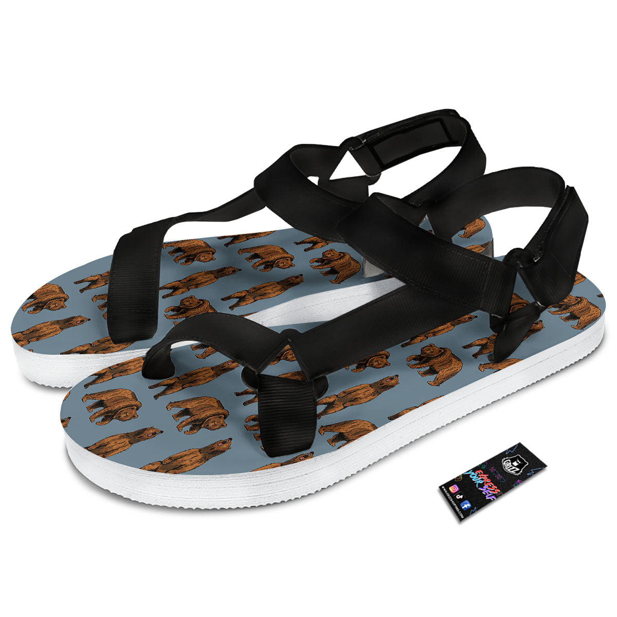 Grizzly Bear Print Pattern Black Open Toe Sandals-grizzshop