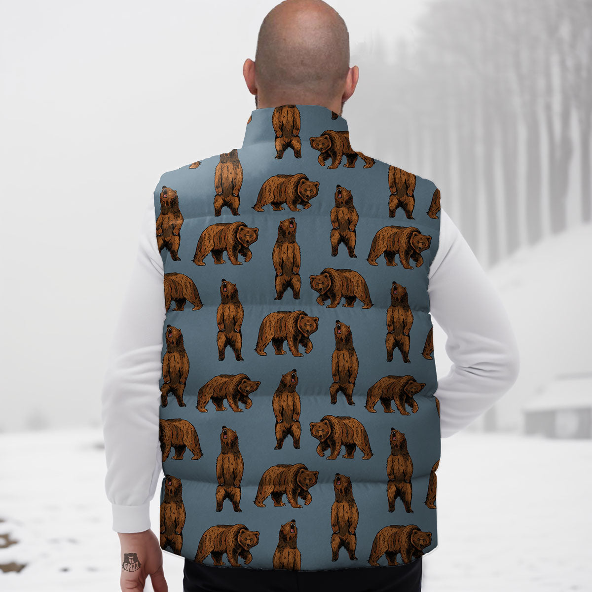 Grizzly Bear Print Pattern Down Vest
