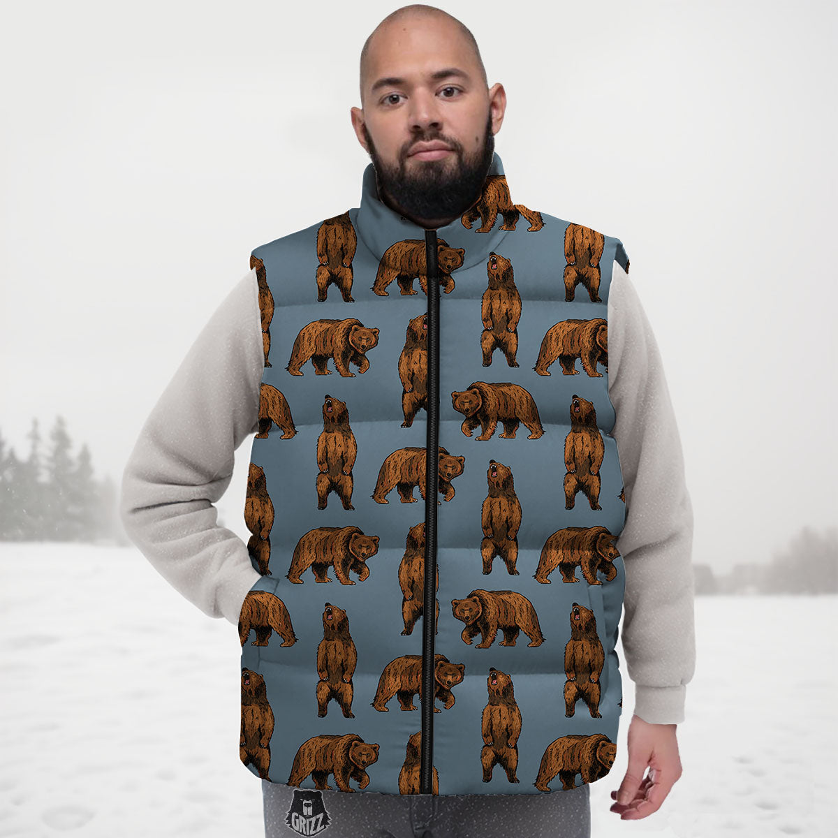 Grizzly Bear Print Pattern Down Vest