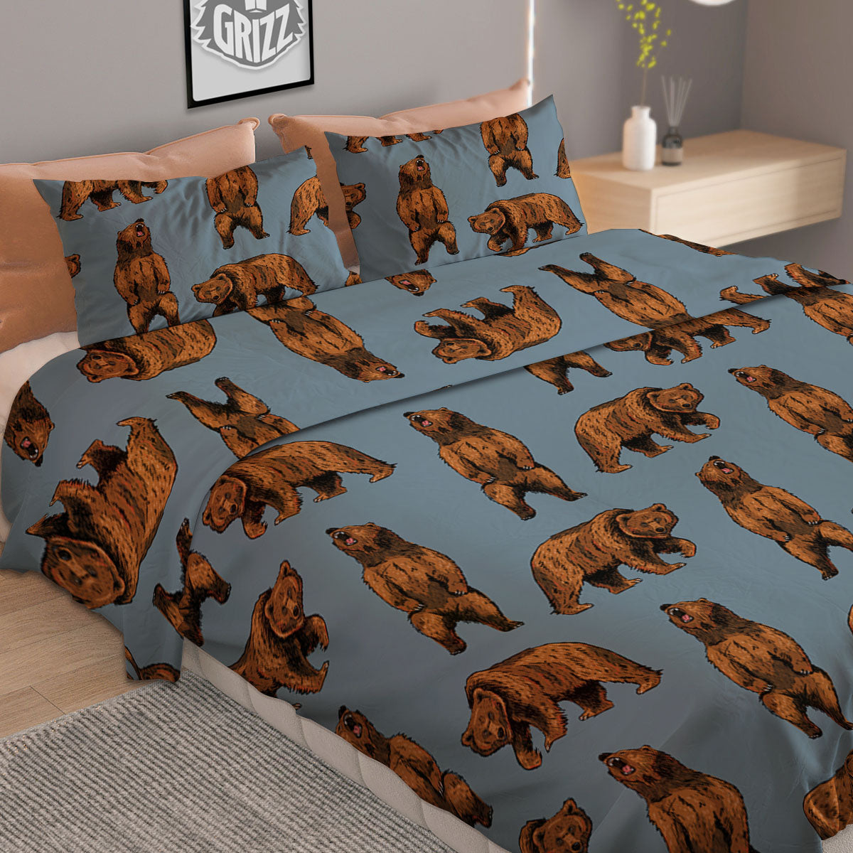 Grizzly Bear Print Pattern Duvet Cover Bedding Set
