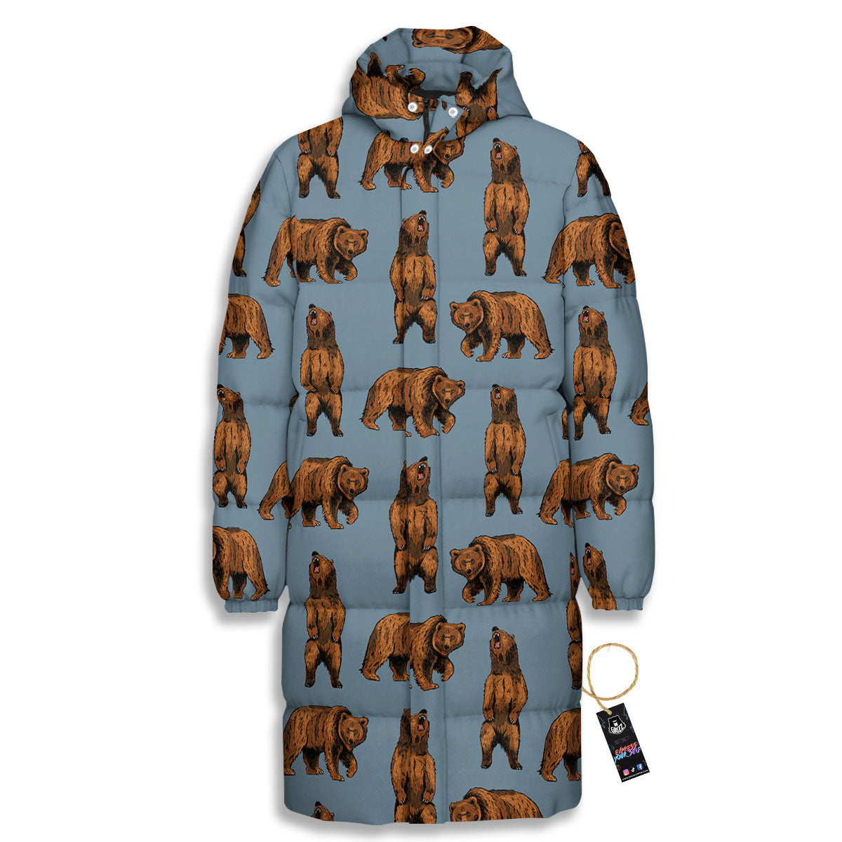 Grizzly Bear Print Pattern Long Down Jacket-grizzshop