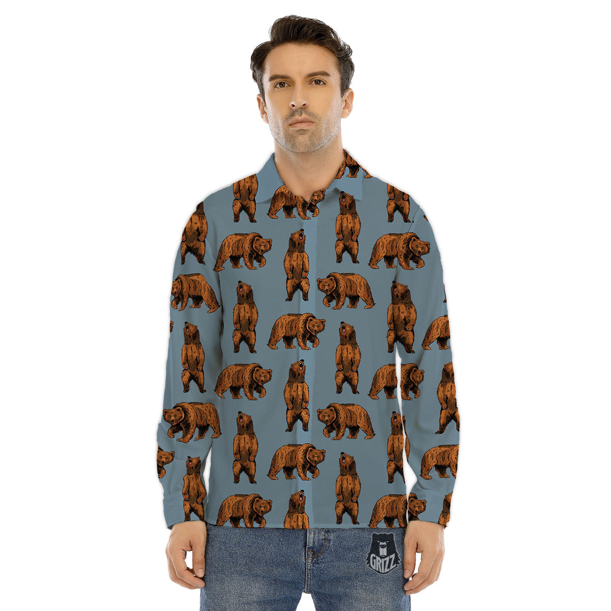 Grizzly Bear Print Pattern Men's Dress Shirts-grizzshop