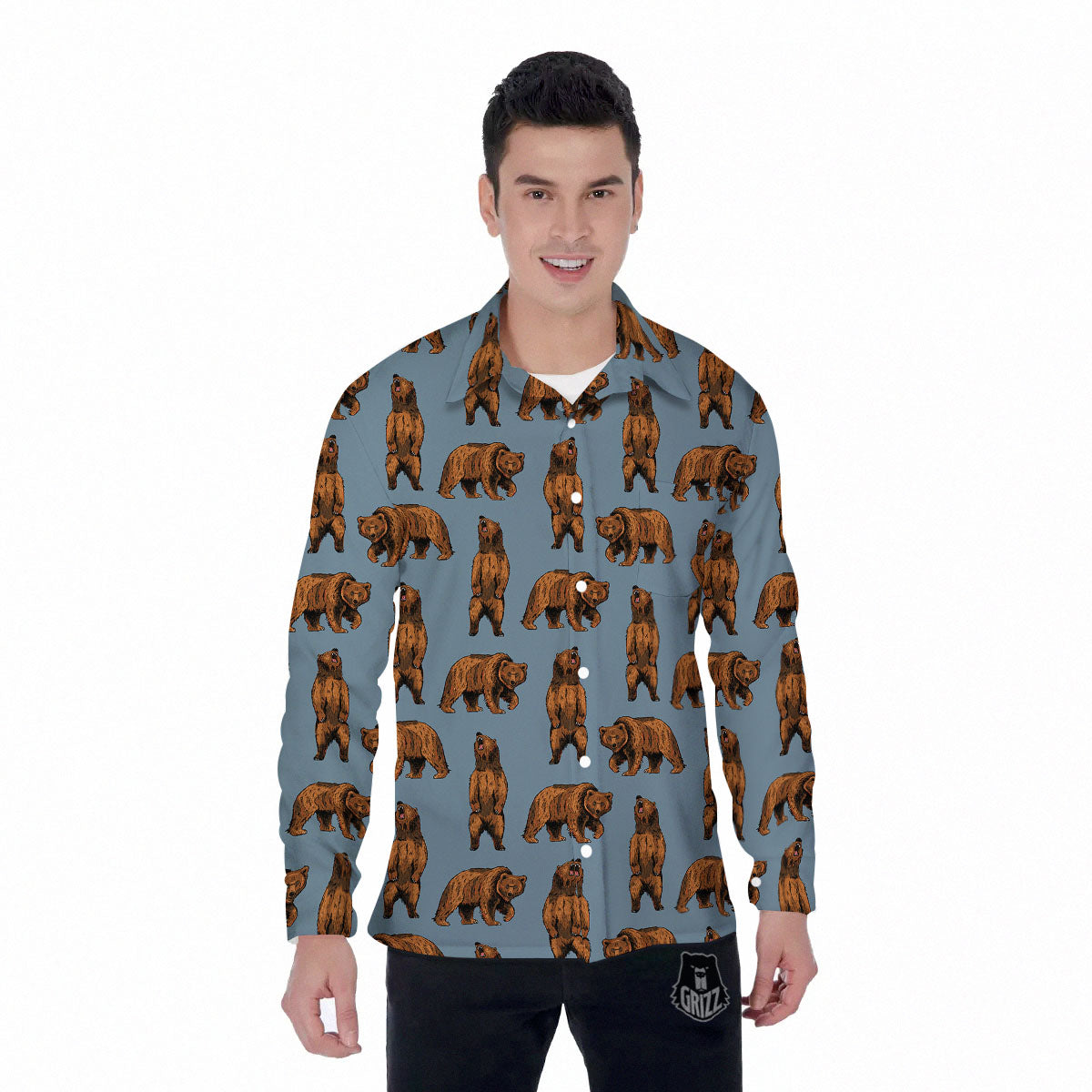 Grizzly Bear Print Pattern Men's Long Sleeve Shirts-grizzshop