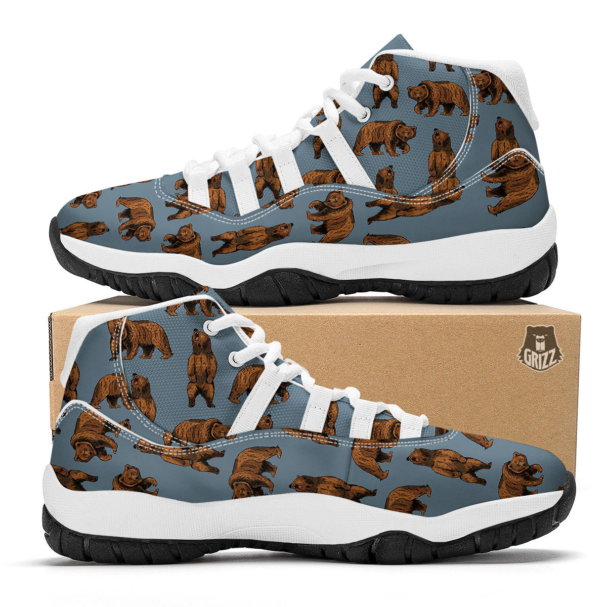 Grizzly Bear Print Pattern White Bball Shoes-grizzshop