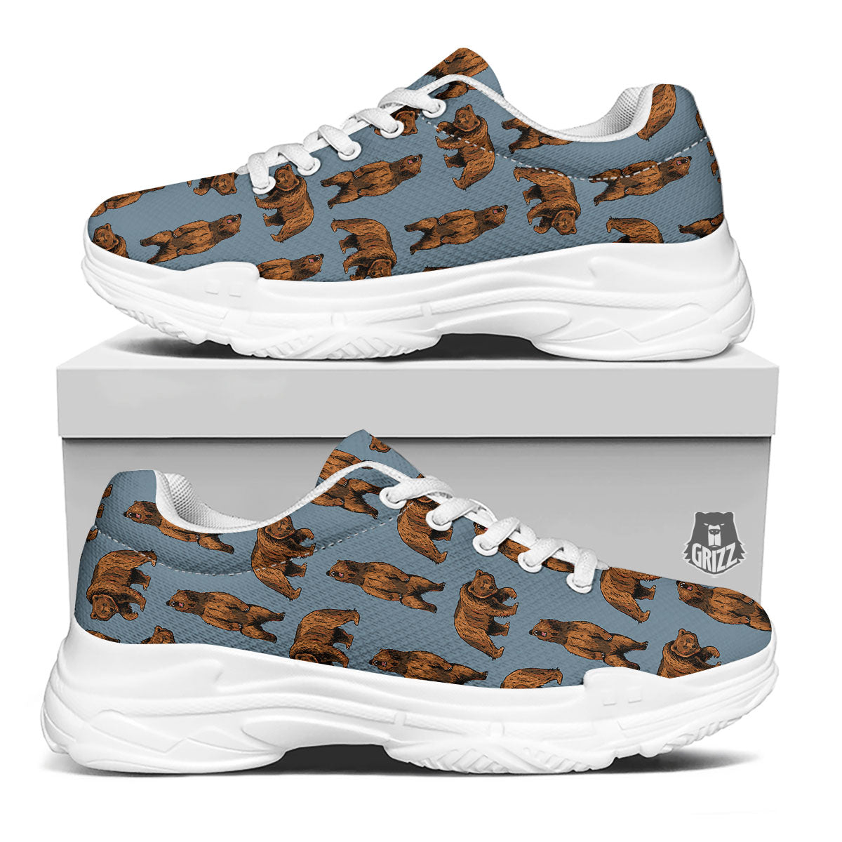 Grizzly Bear Print Pattern White Chunky Shoes-grizzshop