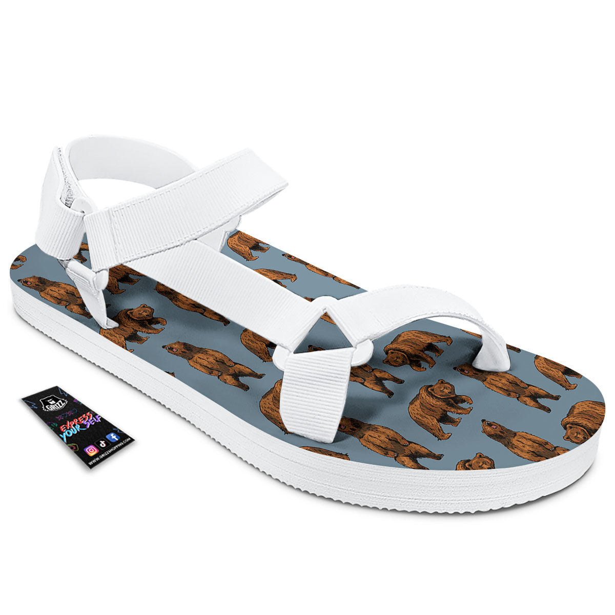 Grizzly Bear Print Pattern White Open Toe Sandals-grizzshop