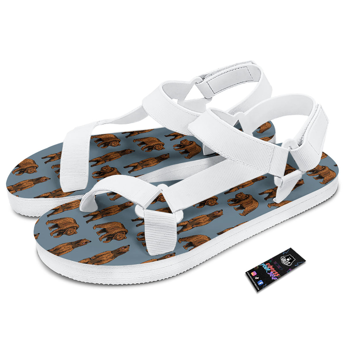 Grizzly Bear Print Pattern White Open Toe Sandals-grizzshop