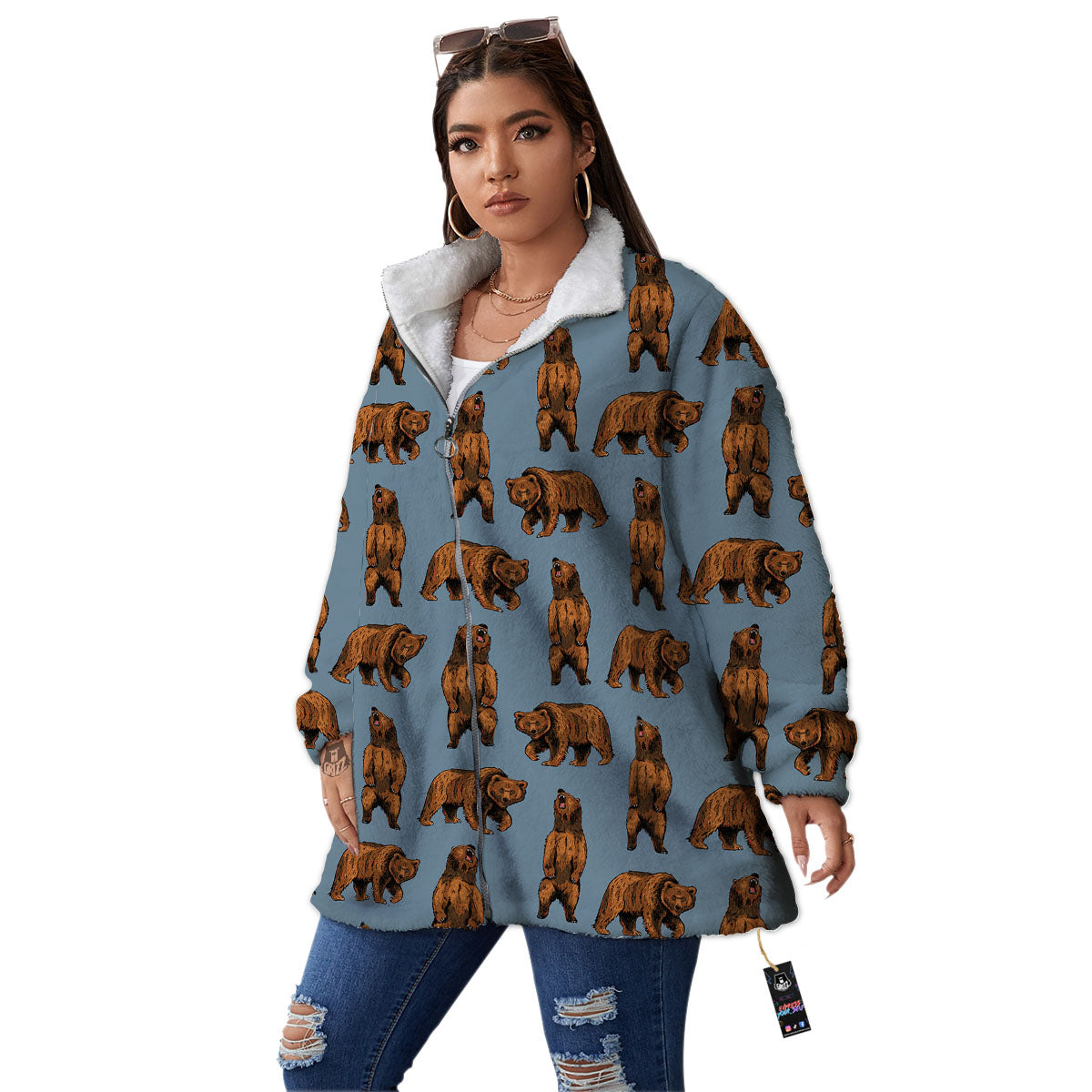 Grizzly Bear Print Pattern Women's Sherpa Jacket-grizzshop