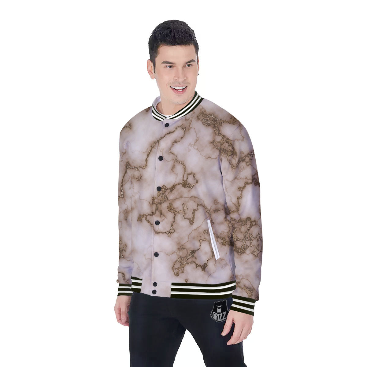 Grunge Marble White Brown Print Pattern Baseball Jacket-grizzshop