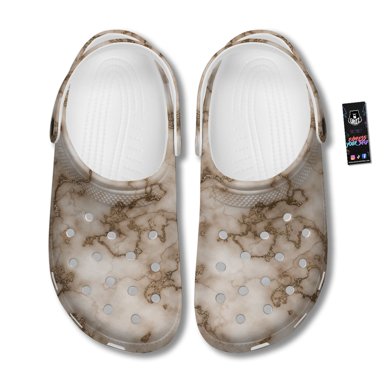Grunge Marble White Brown Print Pattern Clog-grizzshop